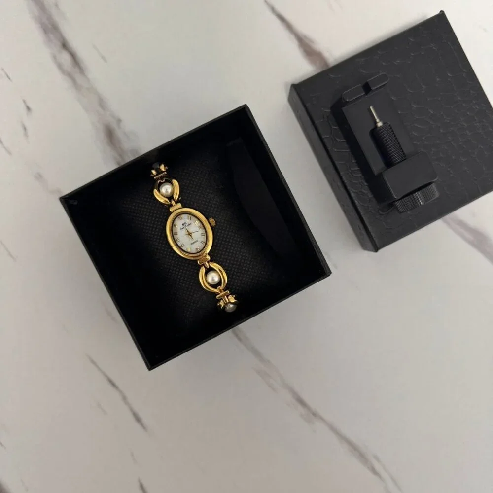 Sku0312‎ Retro Gold White Pearl Gemstones Women Vintage Watch Bracelet +gift bag